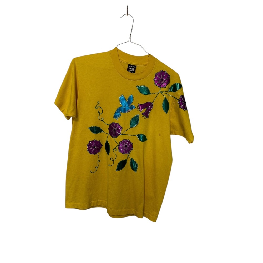 Best Embellished T-Shirt Floral Hummingbird Graphic Tee Top Yellow‎ Size L